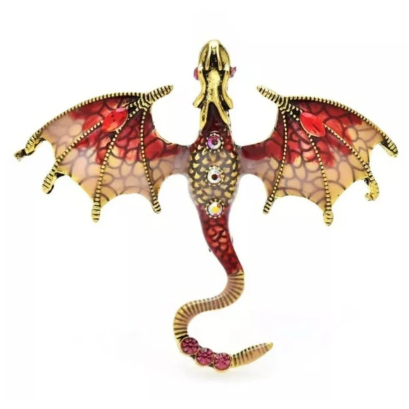 Red Enameled Dragon Brooch Pin - Picture 1 of 2